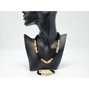 Signed Swan Swarovski Crystal Pave Black Cord Necklace Bracelet Set With Box